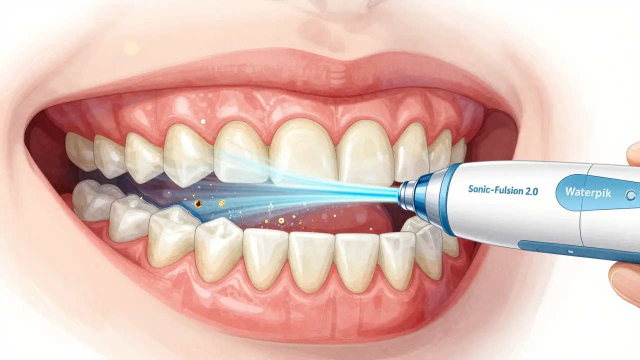 Průřez úst ukazující vodní proud a sonické čištění mezi zuby s odstraňováním plaku.