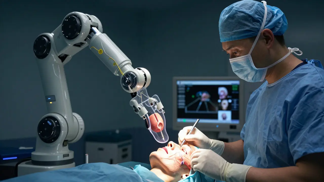 Robotická ruka přesně vede chirurga při miniaturní operaci čelisti.