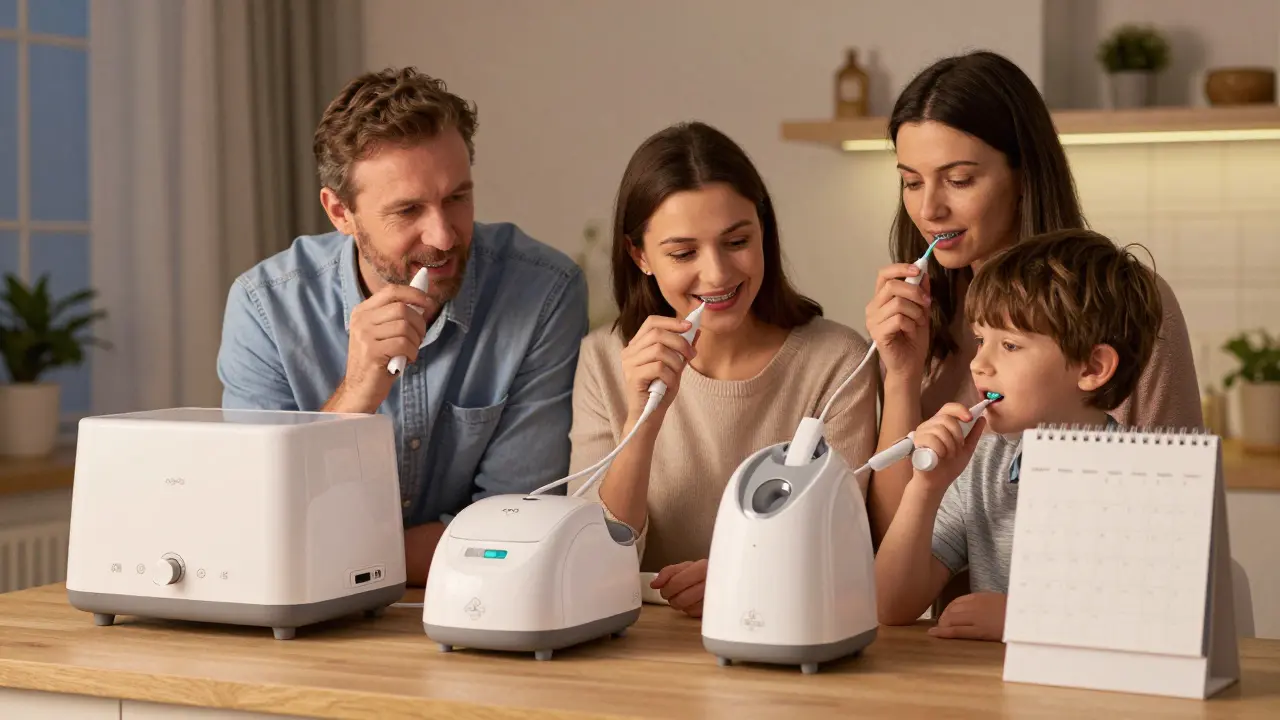 Rodina v domácnosti používá ultrazvukové čističe zubů, včetně dítěte a osoby s ortodontickým zařízením.