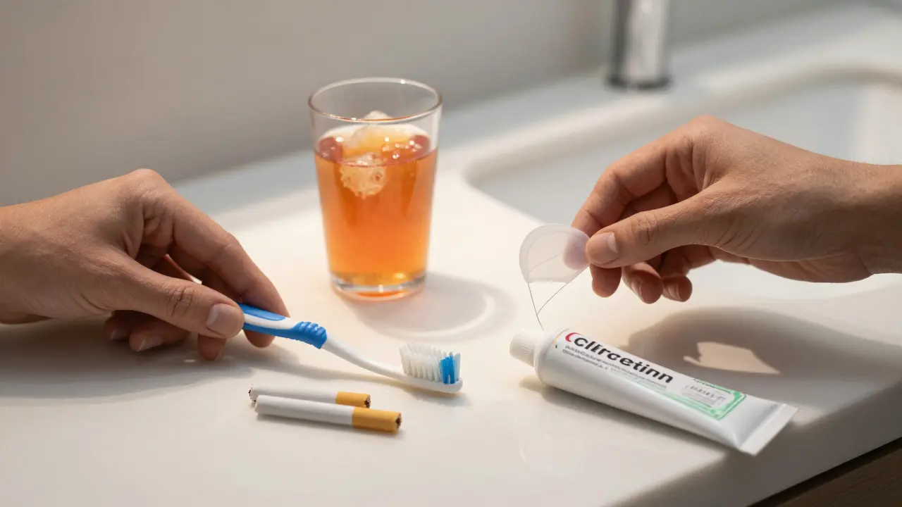 Ruka drží kartáček vedle cigaret a sladkého nápoje, zároveň na stole zubní nitě a léčivá pasta.