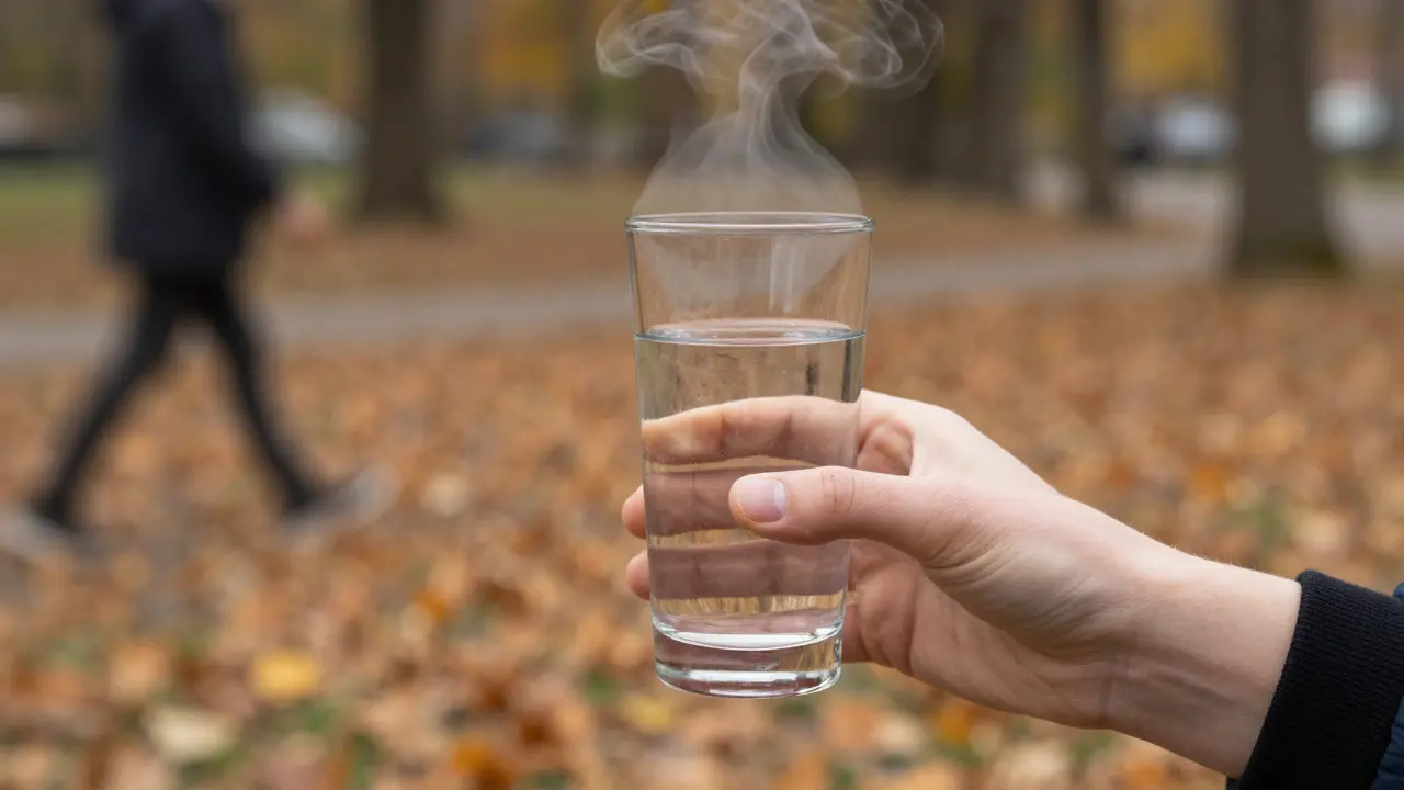 Ruka drží sklenici vody, v odrazu je člověk kráčející v parku bez cigaret, listy padají kolem něj.