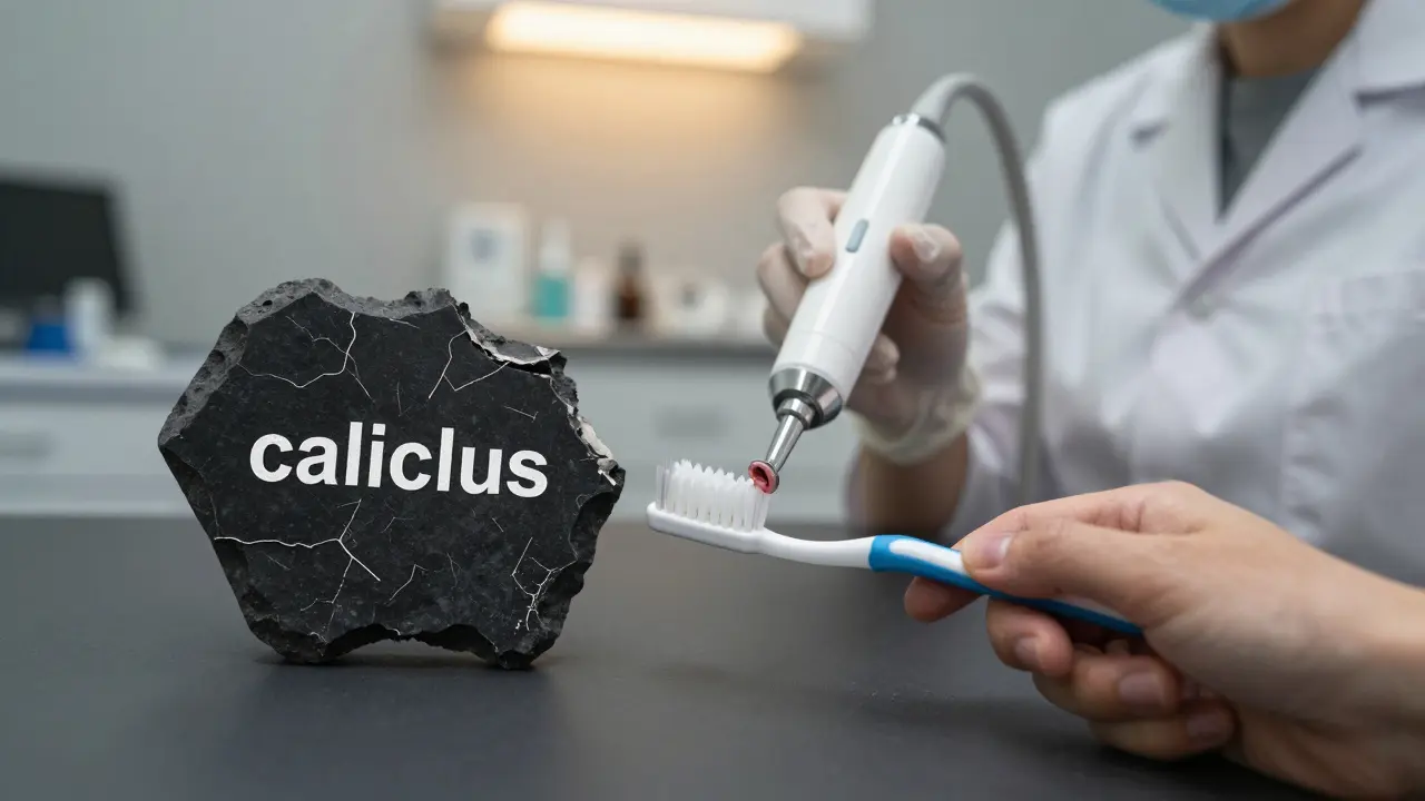 Ruka s kartáčkem vedle černého kamenitého kousku, v pozadí zubní lékař s ultrazvukovým nástrojem.