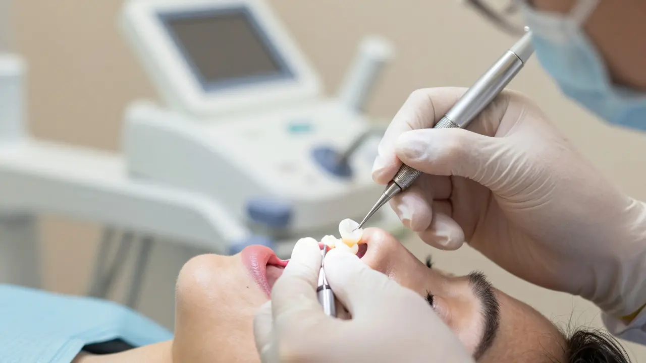 Stomatolog nanáší porcelánovou plínku na zub pacienta