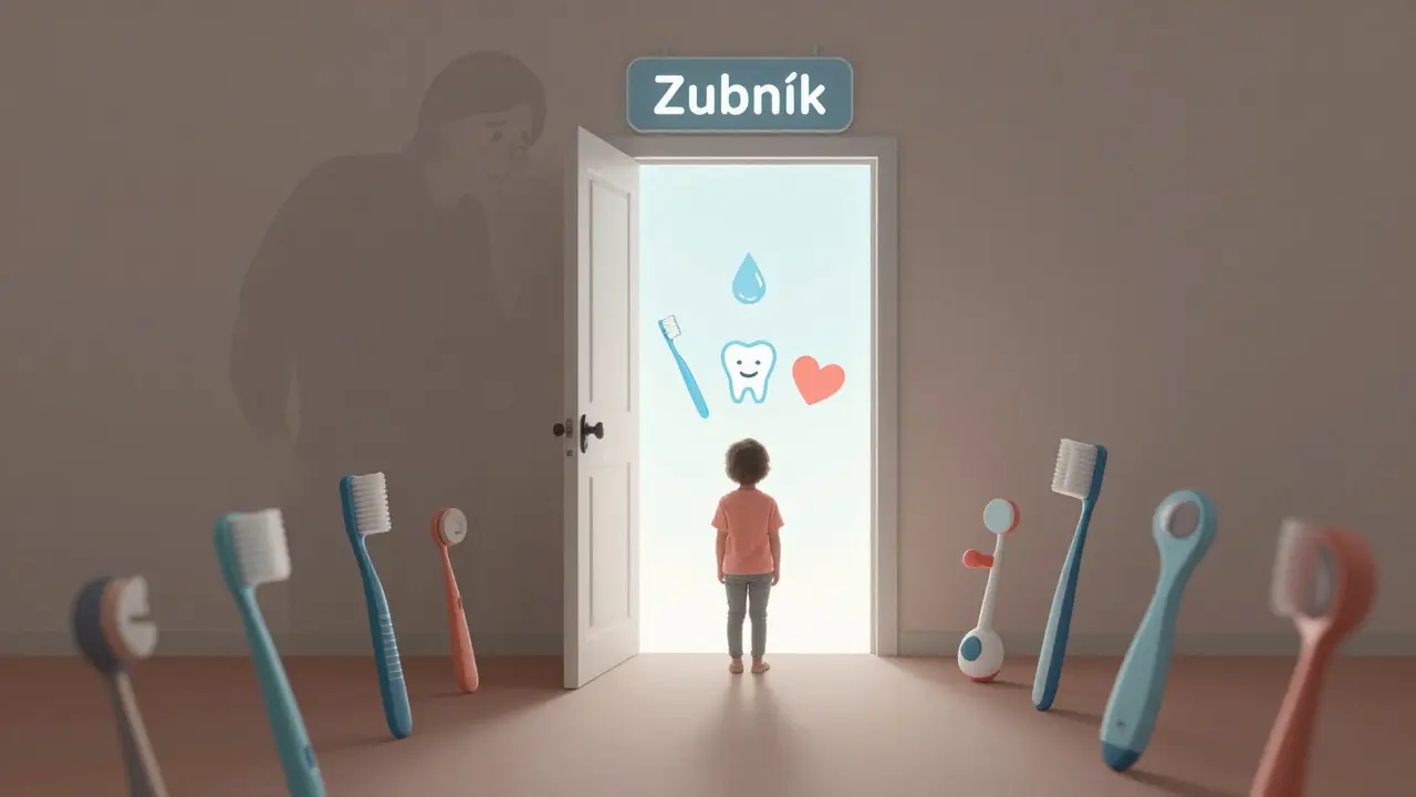 Symbolický obraz dítěte vstupujícího do dětské stomatologie jako do světa důvěry a objevování.