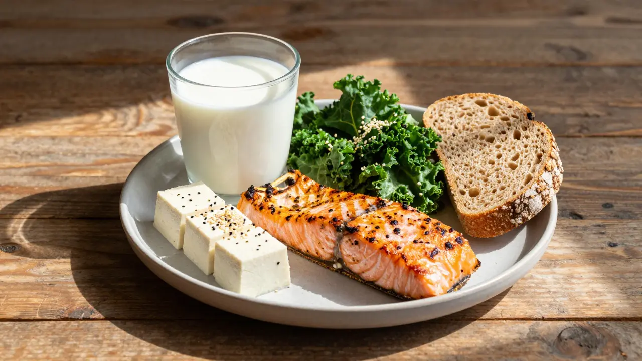Talíř s potravinami bohatými na vápník a sluneční paprsek symbolizující vitamín D