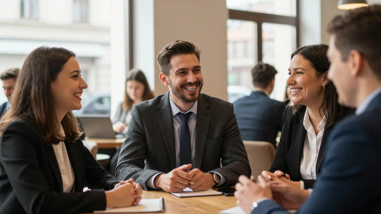 Tři dospělí profesionálové se veselo baví v kavárně, všichni nosí průhledná rovnátka.