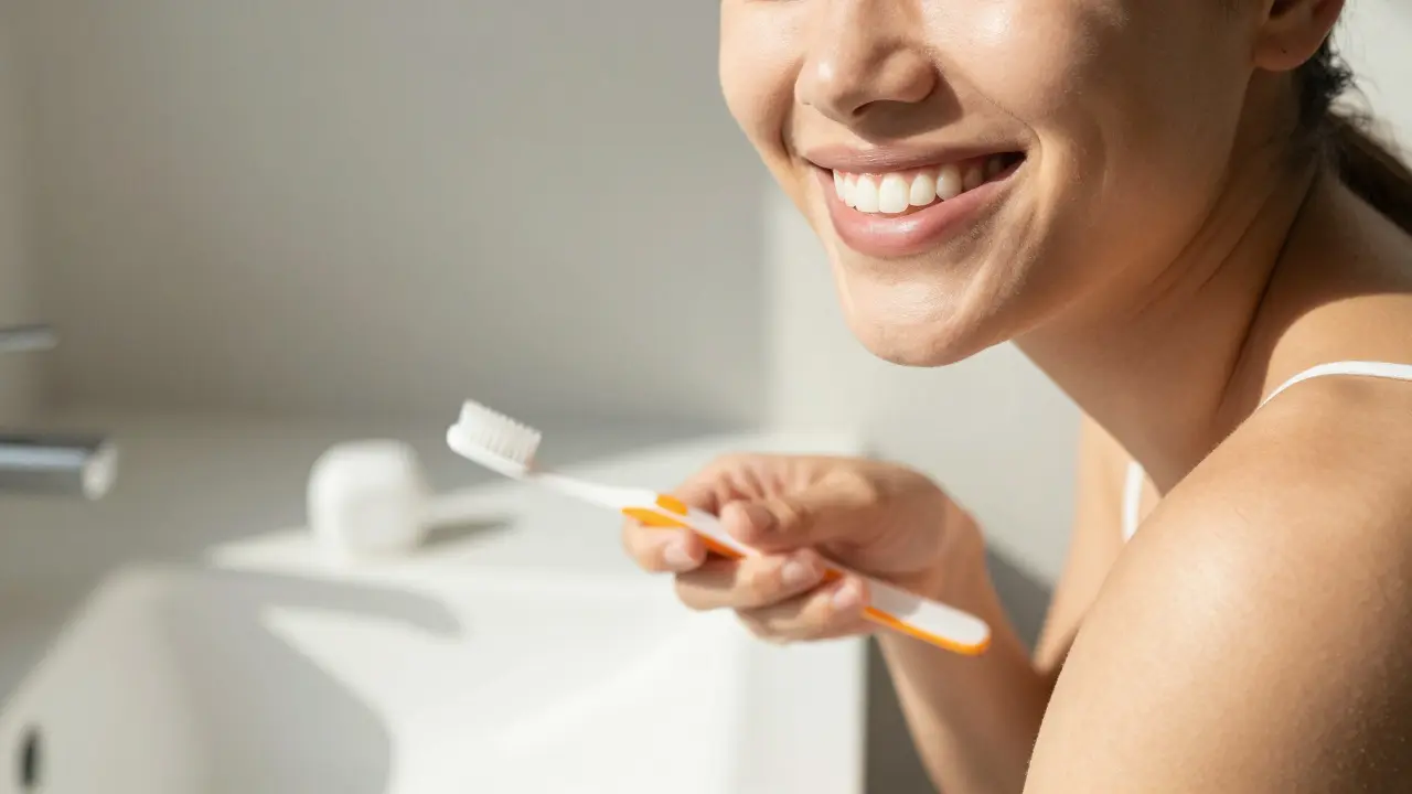 Úsměv osoby s nástroji na čištění zubů