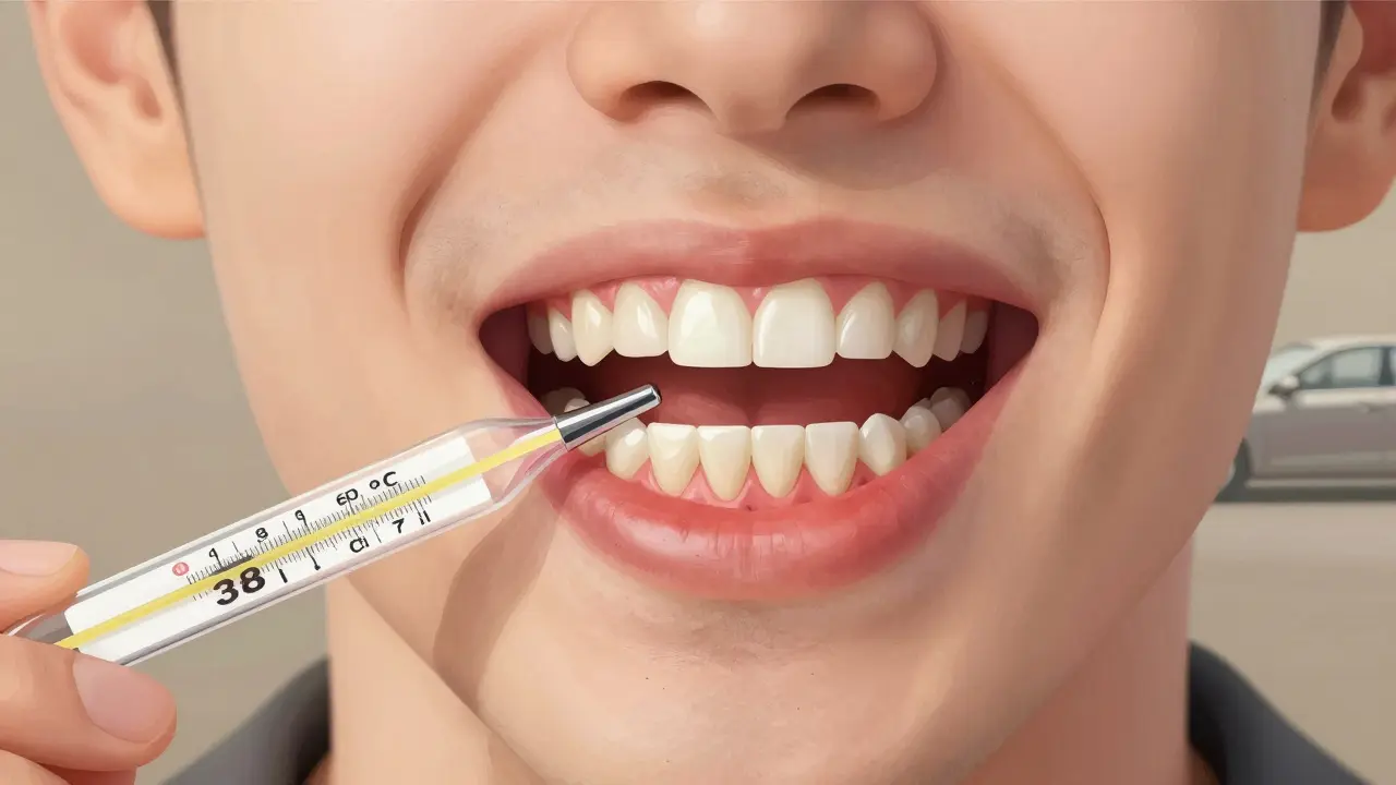 Viditelný rozdíl v barvě zubů a plomby, teplota 38°C a automobil v pozadí.