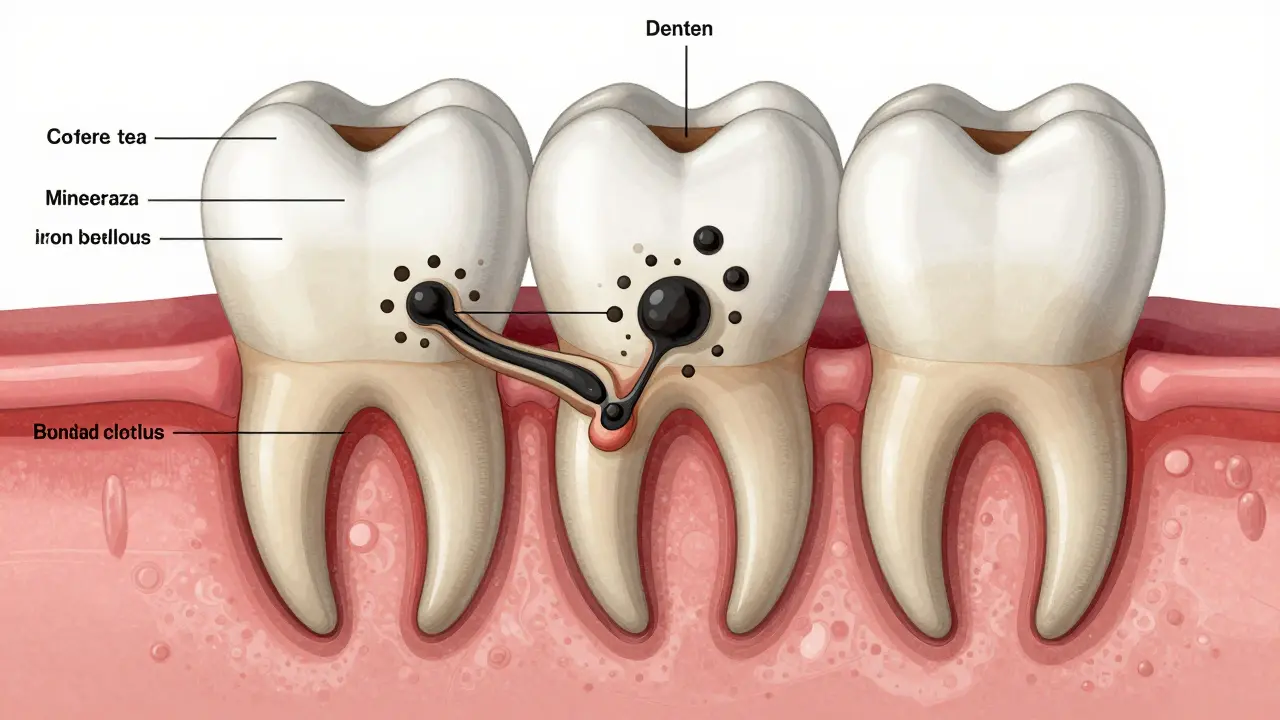 Výřez zubu s vrstvami plaku a ztuhlého černého kamene, znázorňující mineralizaci a pigmenty z kávy a železa.