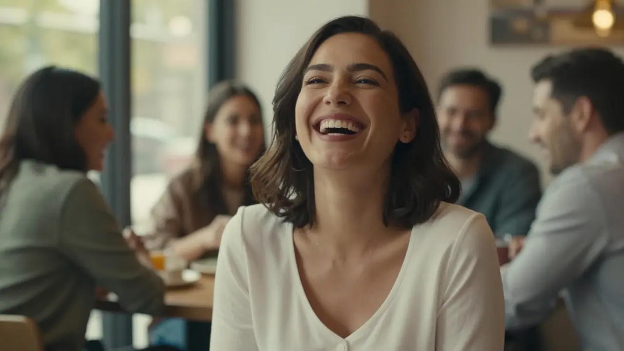 Žena se směje v kavárně, zuby viditelné, příjemná atmosféra, přirozený úsměv.