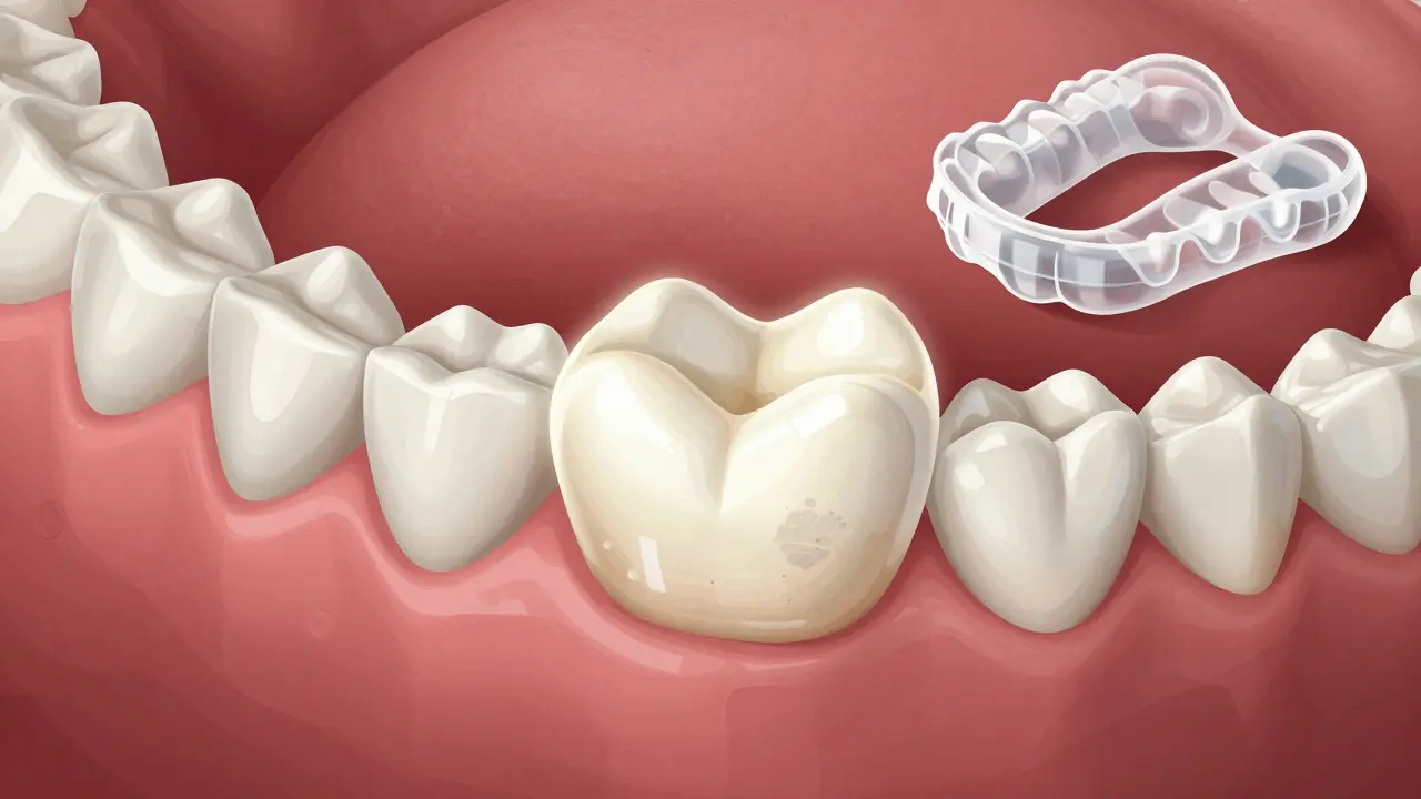 Zirkonová korunka v čelisti s příznaky péče a ochrany proti poškození.