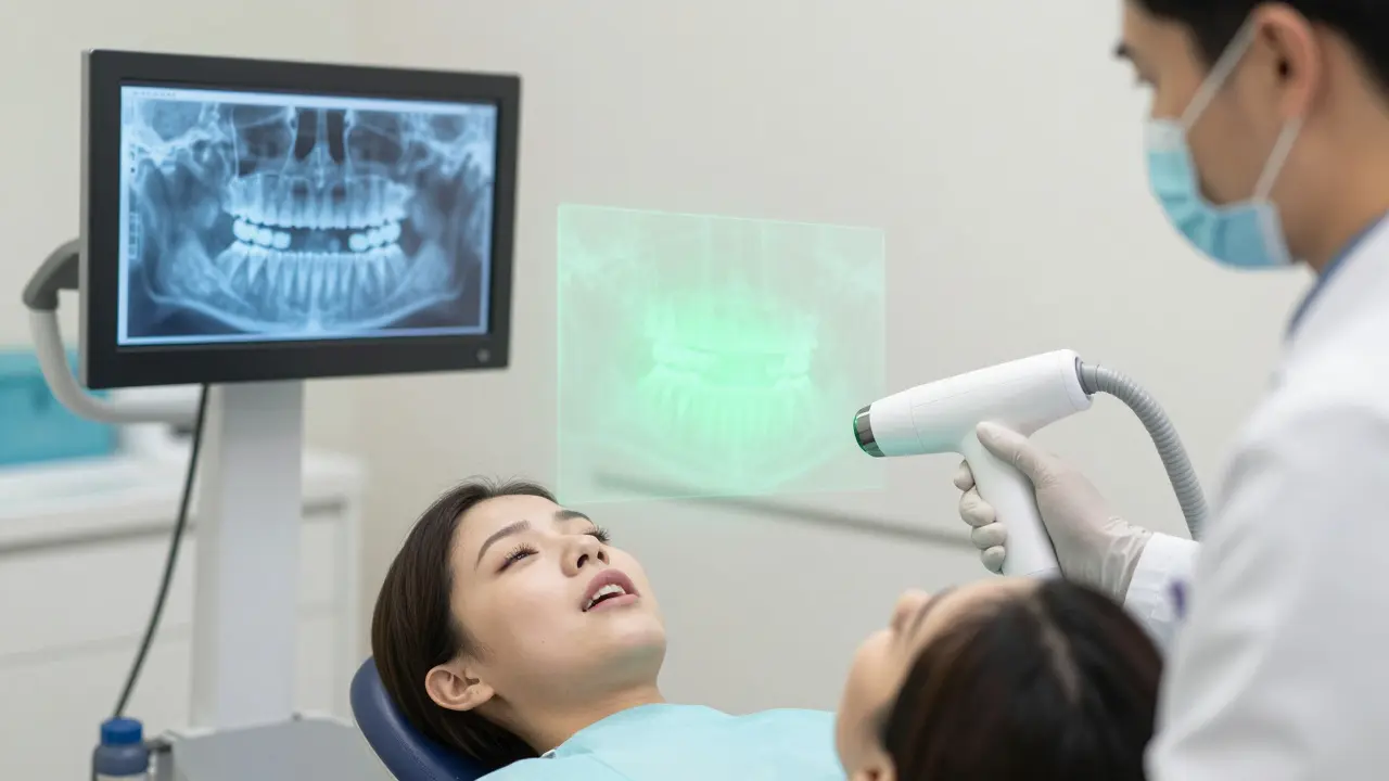 Zubní lékař používá laserový skener k analýze ztráty vápníku v zubech