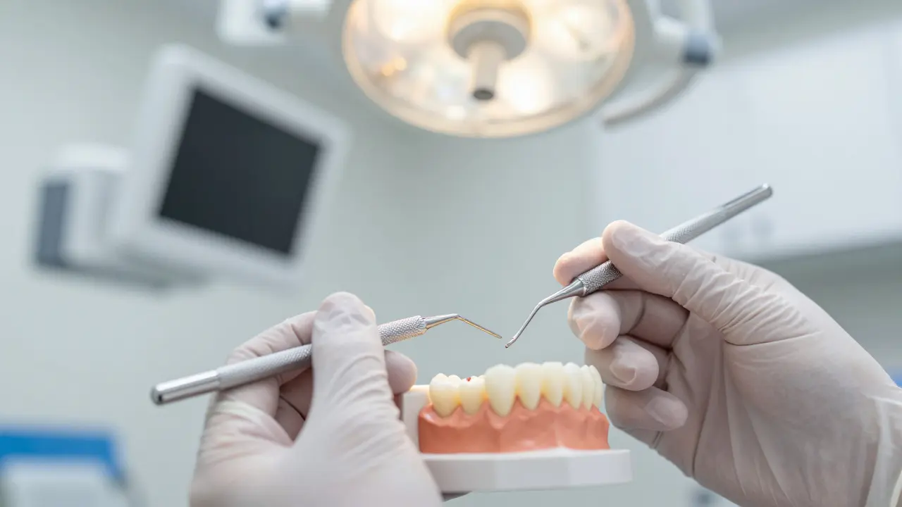 Zubní lékař zkoumá zub pomocí zrcátka a světla v ordinaci.