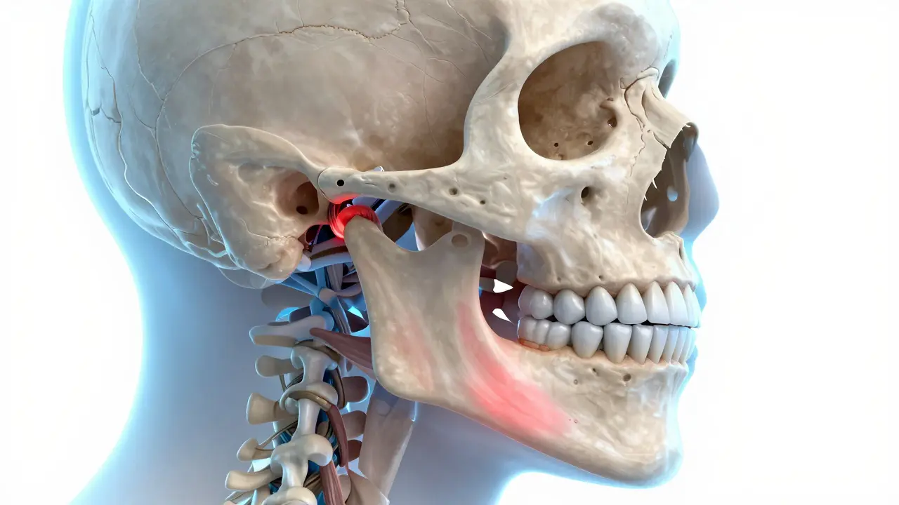 3D anatomický model čelistí znázornující nesprávné kousání a tlak na kloub.