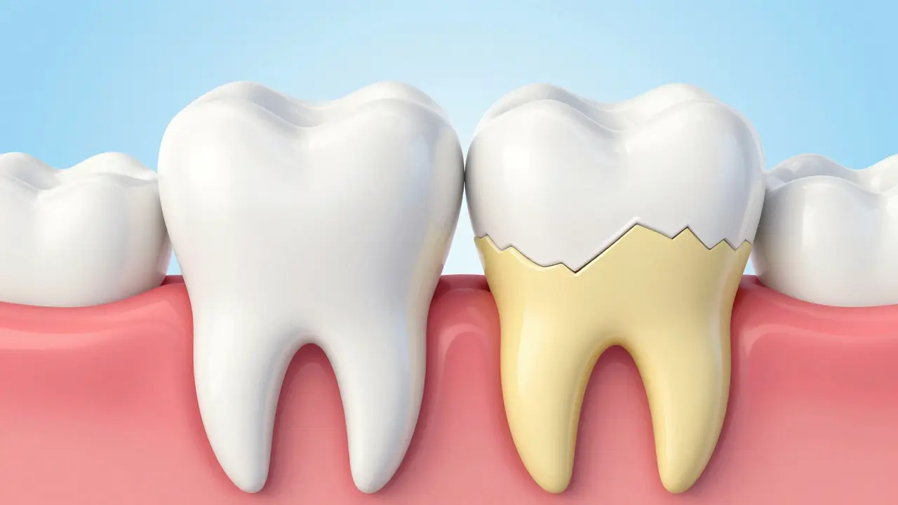 3D ilustrace znázornující poškození zubní skloviny abrazivní pastou.