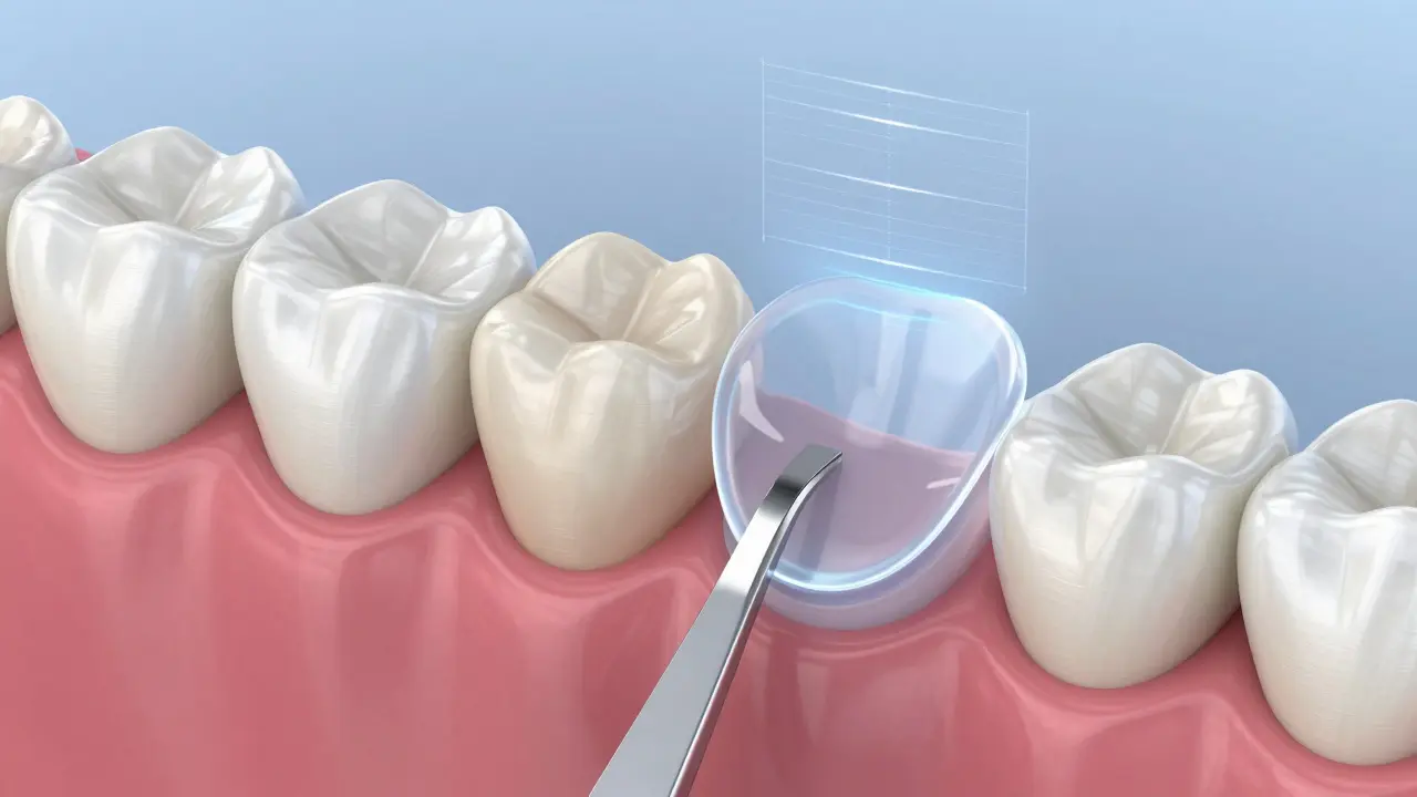 3D model znázorňující tenkou porcelánovou fasetu přiléhající k zubu.