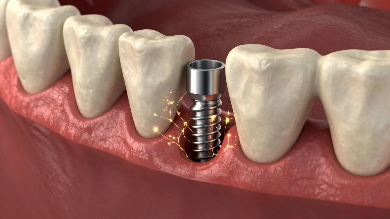 3D vizualizace procesu srostání titanového implantátu s čelistní kostí.