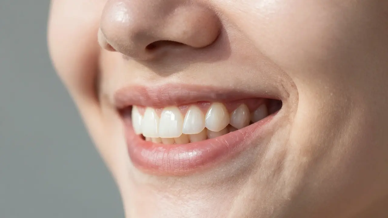 Detail přirozeného úsměvu s estetickou zirkoniovou korunkou v horní čelisti.