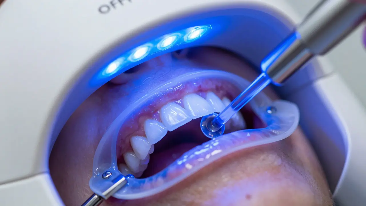 Detail profesionálního bělení zubů s modrým LED světlem a gelem.