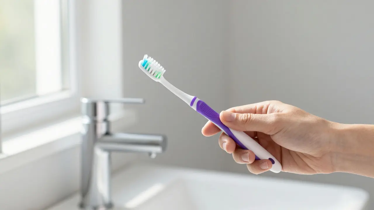 Detail úsměvu a správného úhlu 45 stupňů při čištění zubů v koupelně.