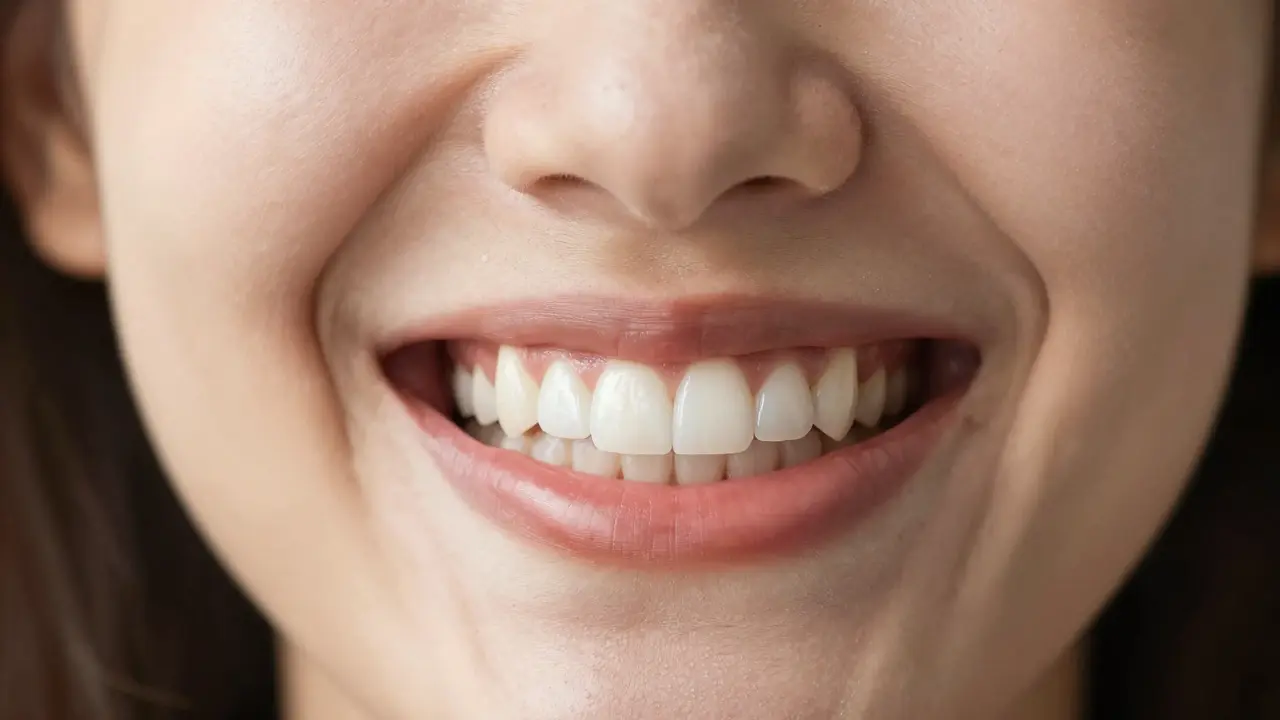 Detail úsměvu osoby s přirozeně vypadajícími kompozitními fasetami.