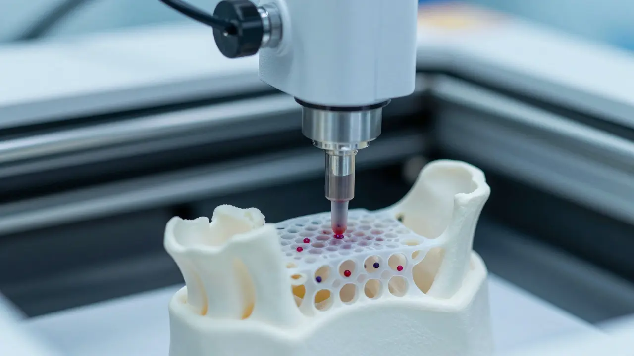 Detailní pohled na 3D biotisk kostní tkáně pomocí živých buněk v laboratoři.