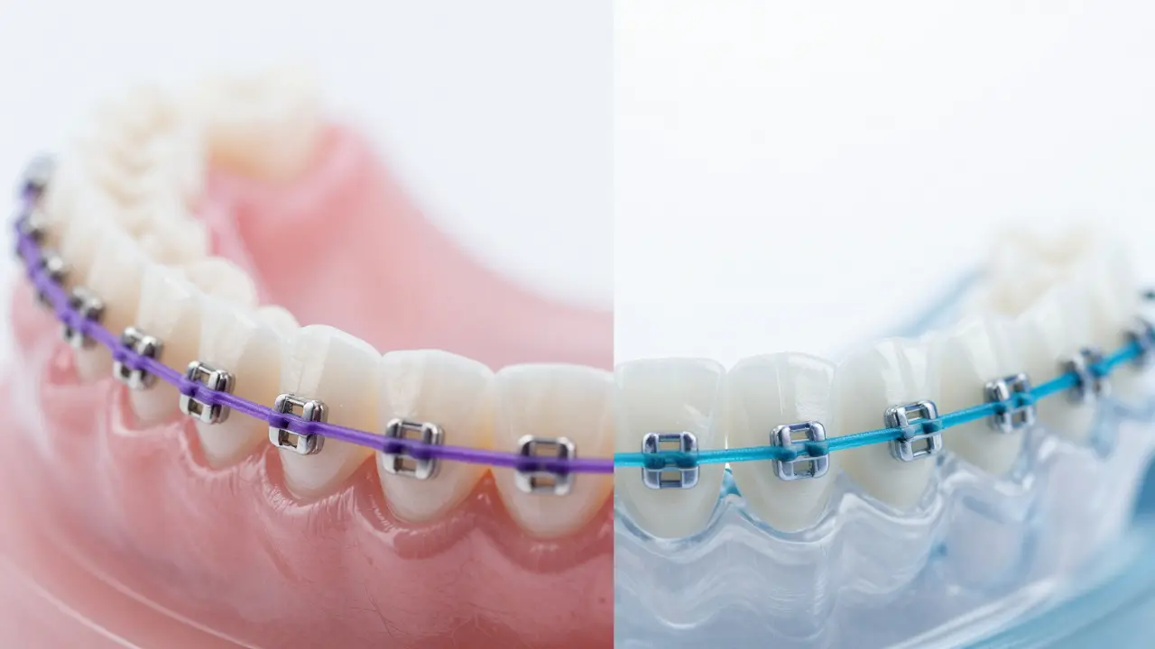 Detailní srovnání kovových rovnátek s barevnými gumičkami a diskrétních safírových závleků.