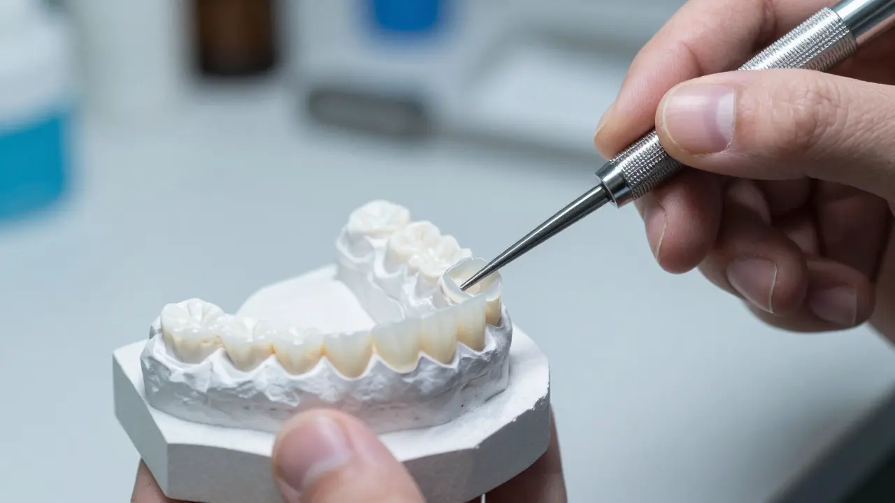 Detailní výroba ultra-tenké porcelánové fasety v dentální laboratoři.