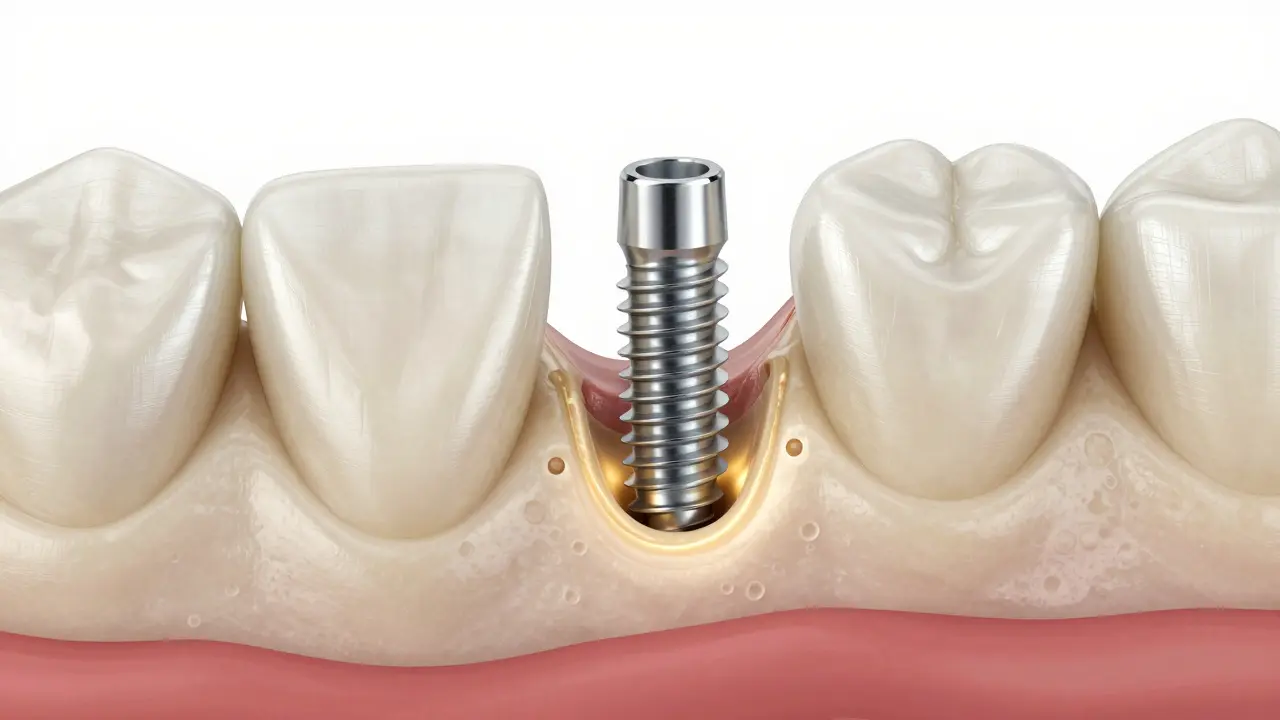 Detailní znázornění titanového implantátu srostatého s kostí