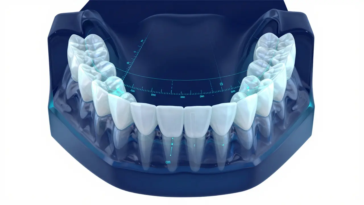 Digitální 3D model čelistí s přesným měřením vzdálenosti zubů v moderní stomatologické klinice.