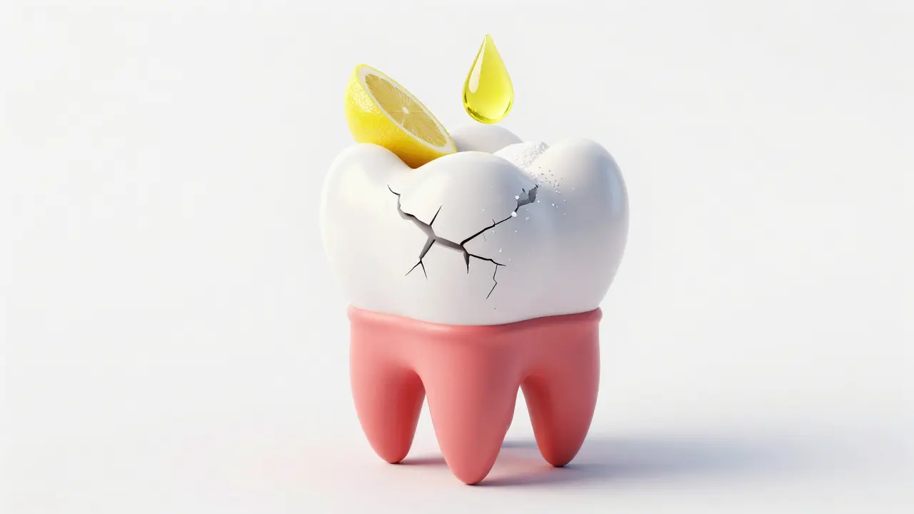 Ilustrace poškození zubní skloviny abrazivními domácími prostředky.