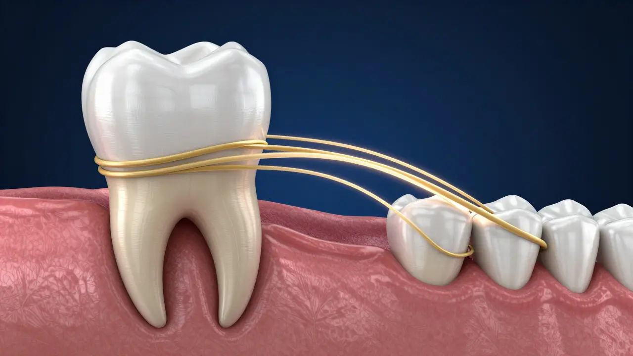Konceptuální ilustrace vázivových vláken tažících zuby do původní polohy.
