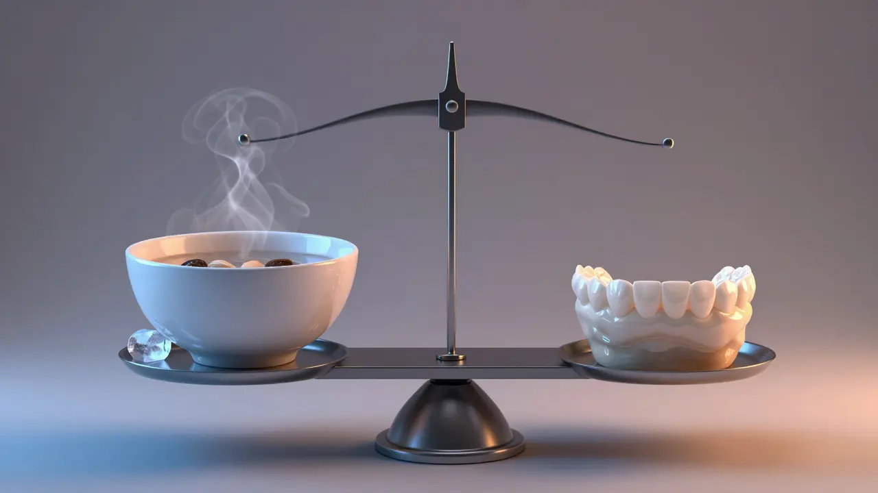 Konceptuální obraz teplotních extrémů a keramické fasety na váze.