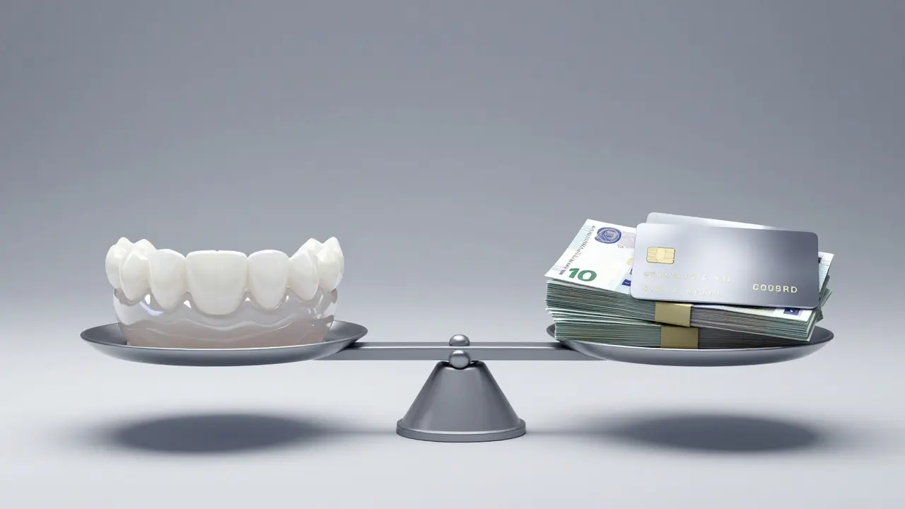 Konceptuální obraz váhy s keramickou fazetou a penězi, symbolizující investici.