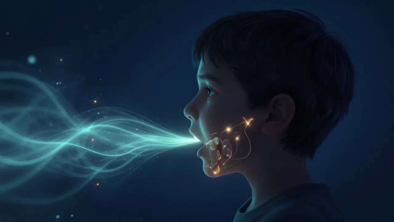 Konceptuální schéma znázornující vliv úzké čelisti na ústní dýchání u dítěte.