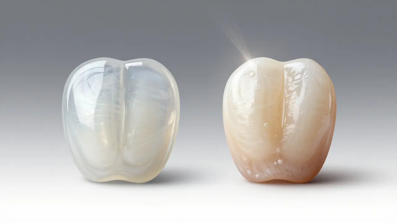 Konceptuální srovnání textury keramické a kompozitní fazety.