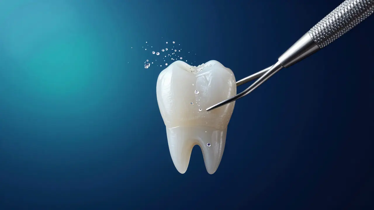 Konceptuální zobrazení precizního leštění zubu připomínající broušení diamantu.