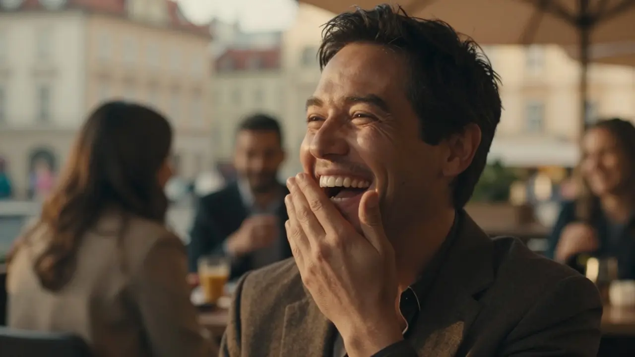 Krásně se smějící sebevědomý člověk s dokonale rovnými zuby v moderním prostředí.