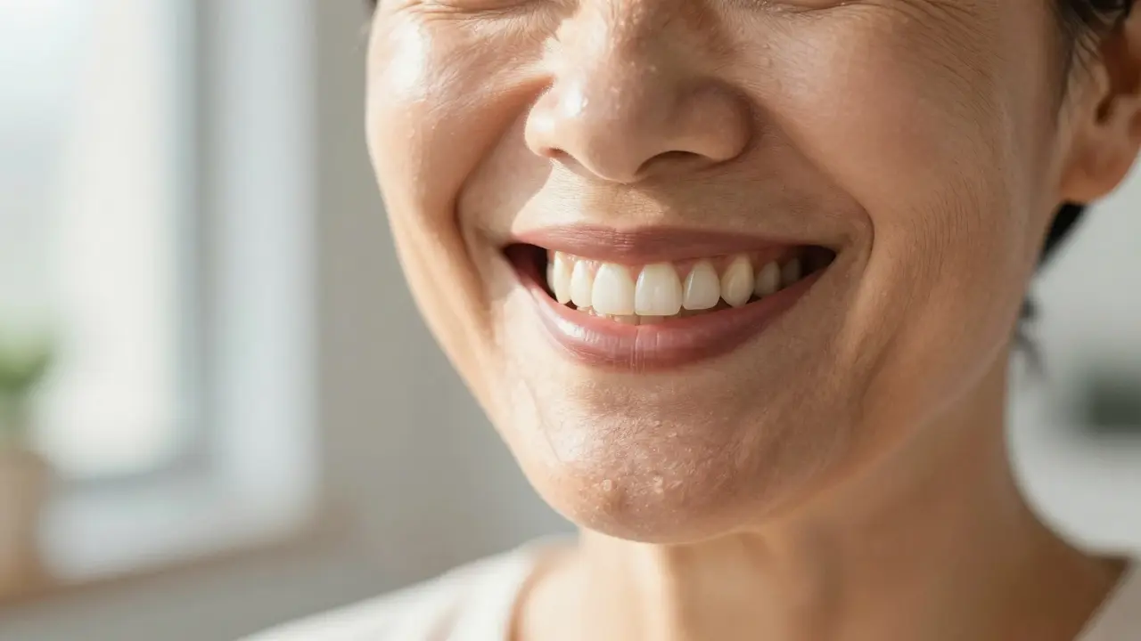 Kreslící úsměv člověka s přirozeně vypadajícími zuby