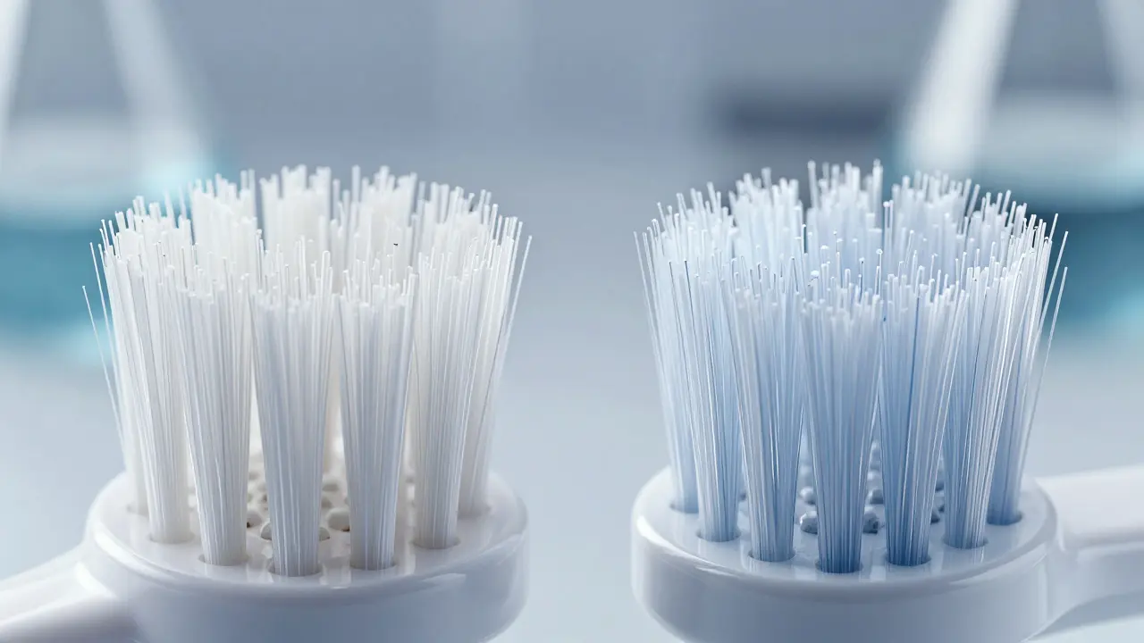 Makro detail srovnání syntetických vláken a mikrofilamentů kartáčků k zubům.