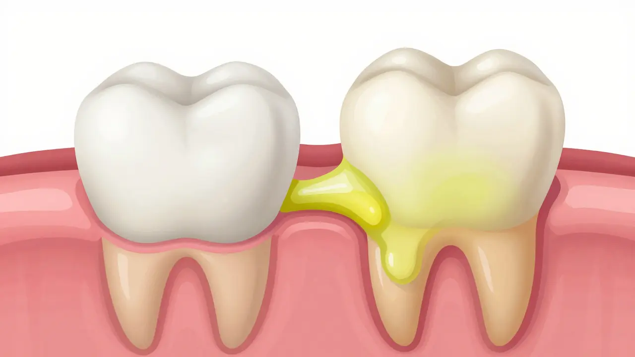Medicínská ilustrace srovnávající zdravý fibrin a infekční hnis v dásni.