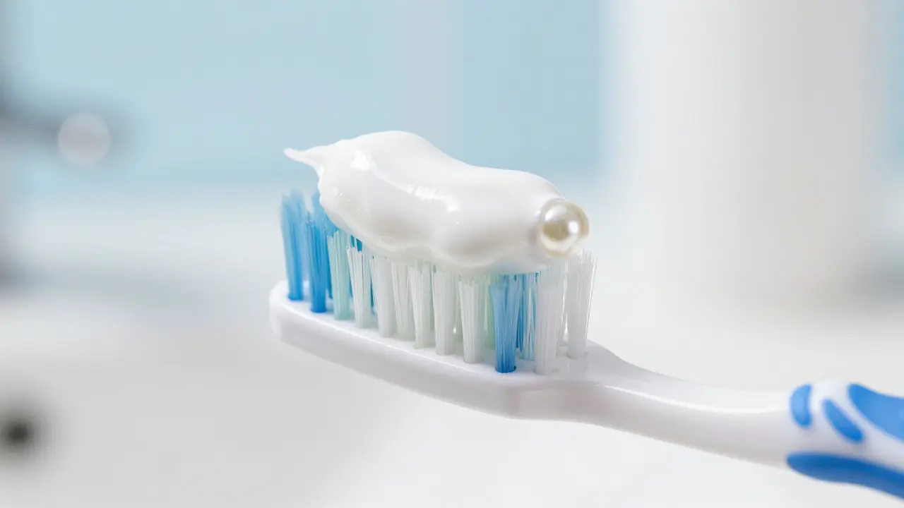 Měkký zubní kartáček s jemnou pastou v minimalistickém prostředí.