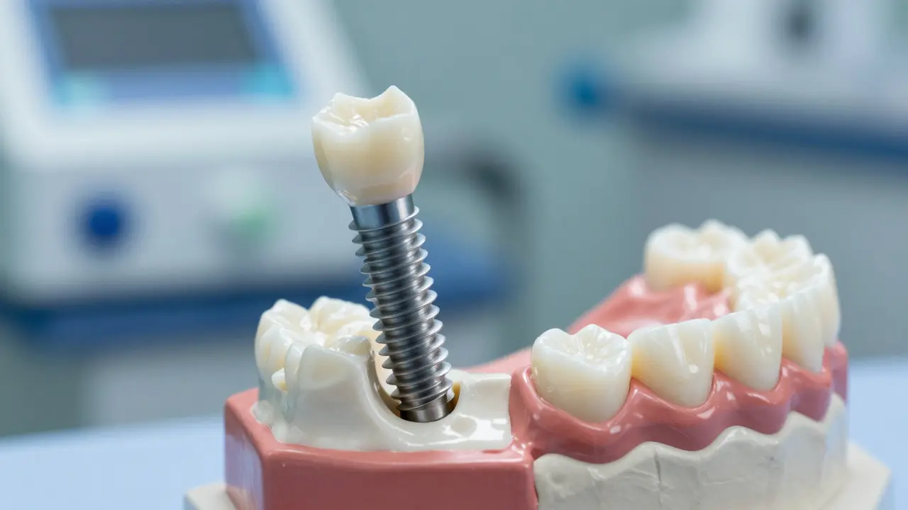 Model implantátu a čelisti ilustrující nutnost chirurgického výkonu.