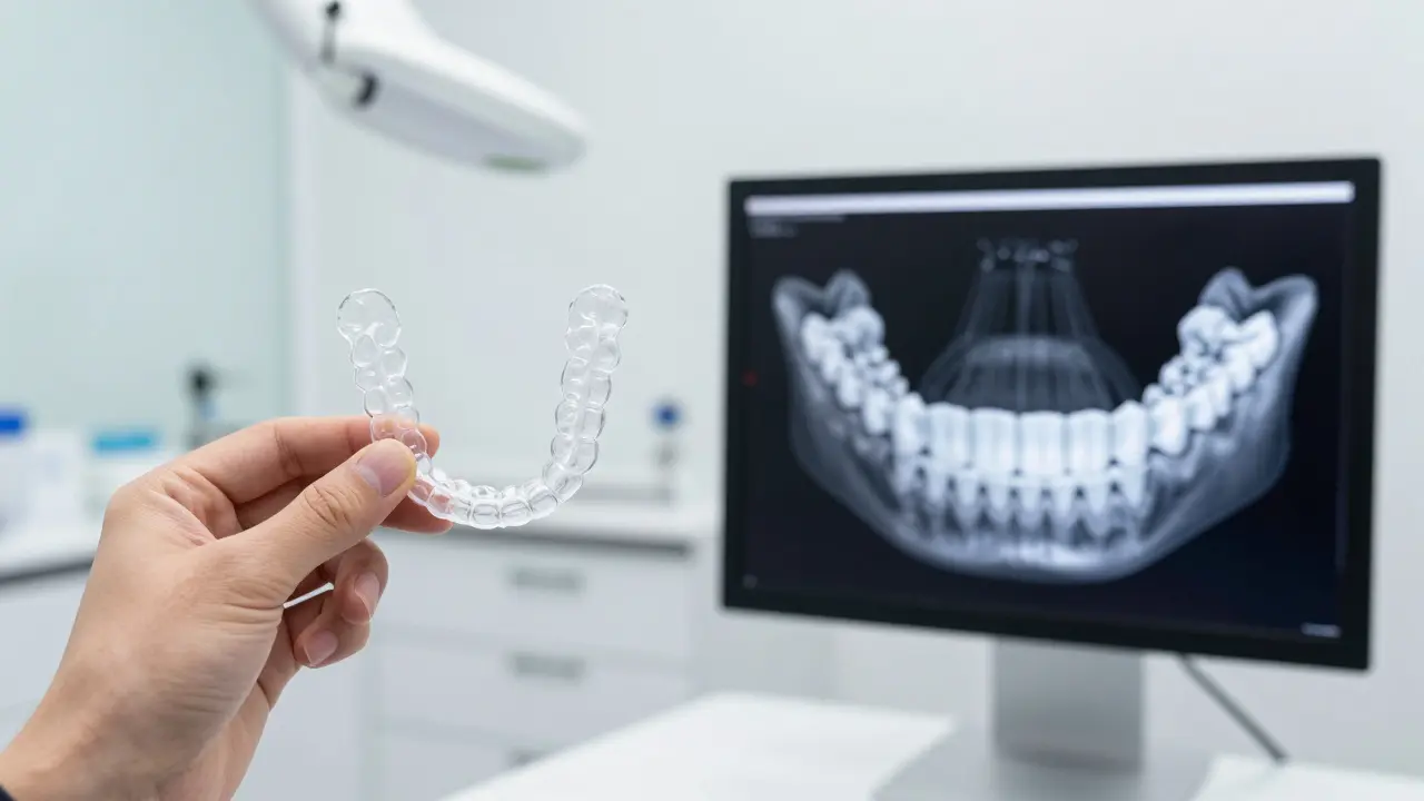 Moderní průhledná alignery a 3D digitální plánování rovnání zubů.