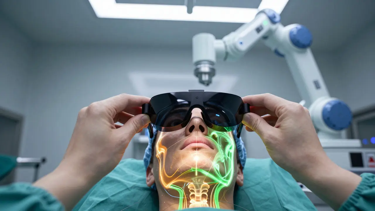  Pohled přes AR brýle zobrazující anatomii pacienta během roboticky asistované operace.