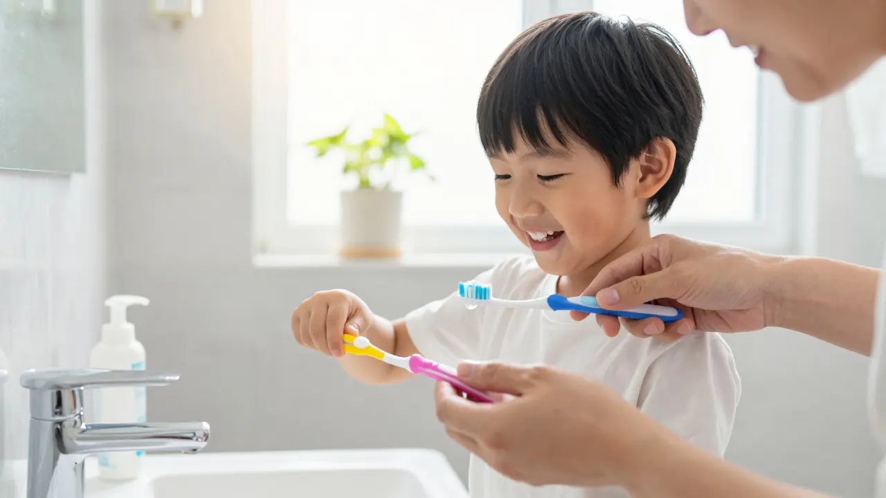Rodič učí dítě správně čistit zuby jemnou dětskou pastou.