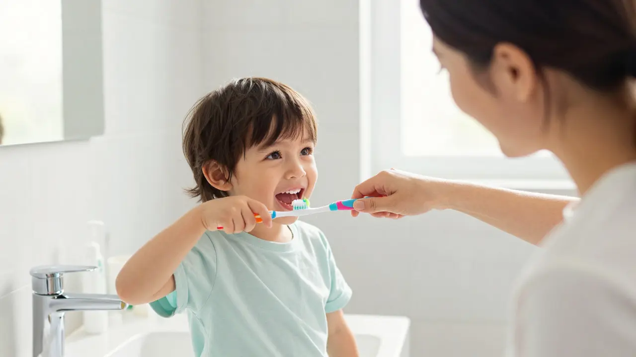 Rodič učí malé dítě správně čistit zuby s dětským kartáčkem