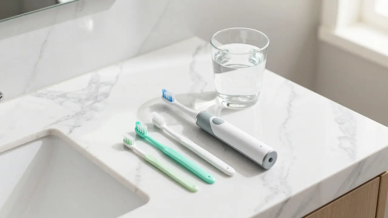 Sada pro domácí péči o zuby včetně elektrického kartáčku a mezizubních kartáčků.