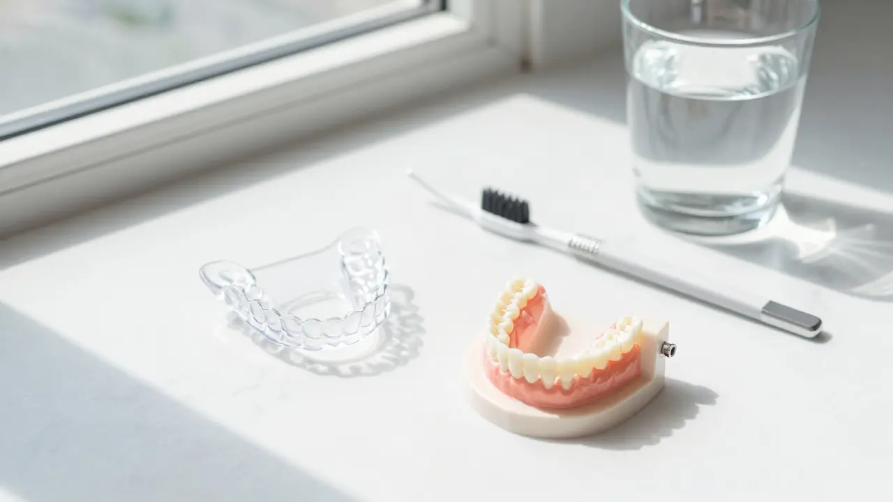 Sada retentů včetně plastové šachty a mezizubního kartáčku na bílém podloží.