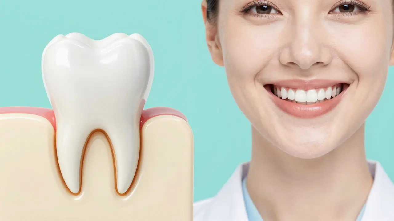 Schéma vrstev zuba skloviny a dentinu vedle vyzařujícího zdravého úsměvu.